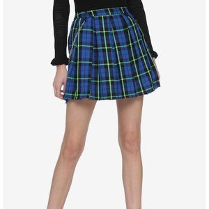 Hot Topic Blue & Green Plaid Pleated Chain Skirt